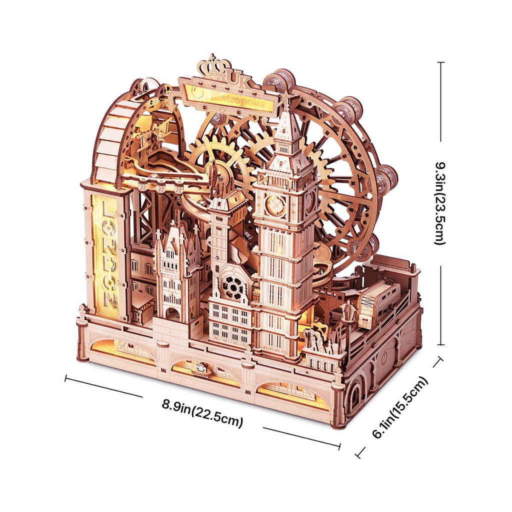 Miniature Big Ben, Tower Bridge, and London Eye marble run, a wooden puzzle centerpiece for desk and office decor
