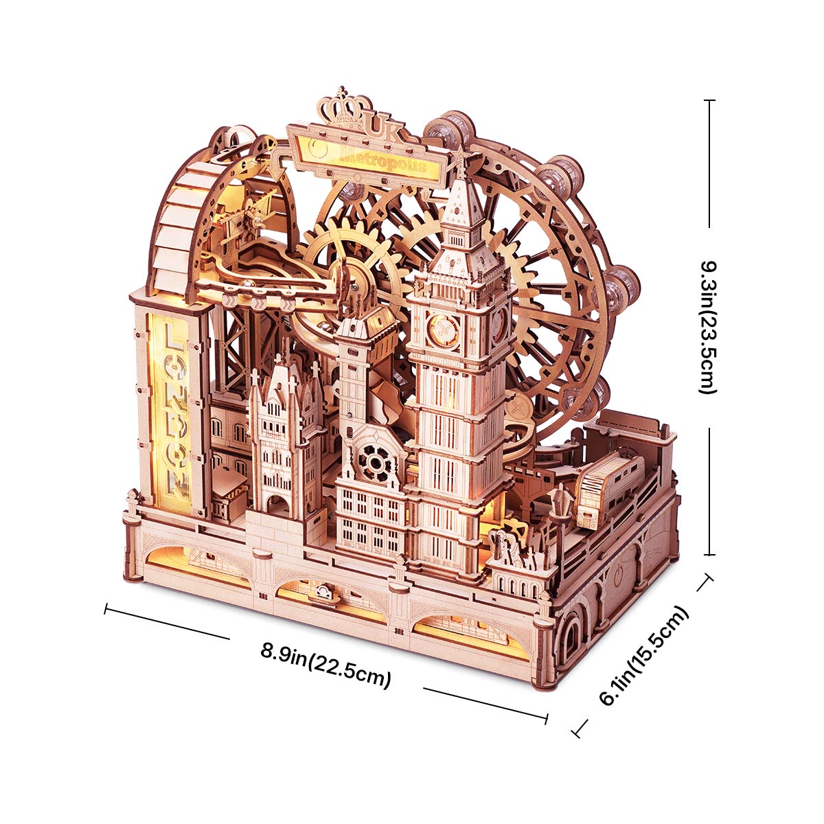 Miniature Big Ben, Tower Bridge, and London Eye marble run, a wooden puzzle centerpiece for desk and office decor