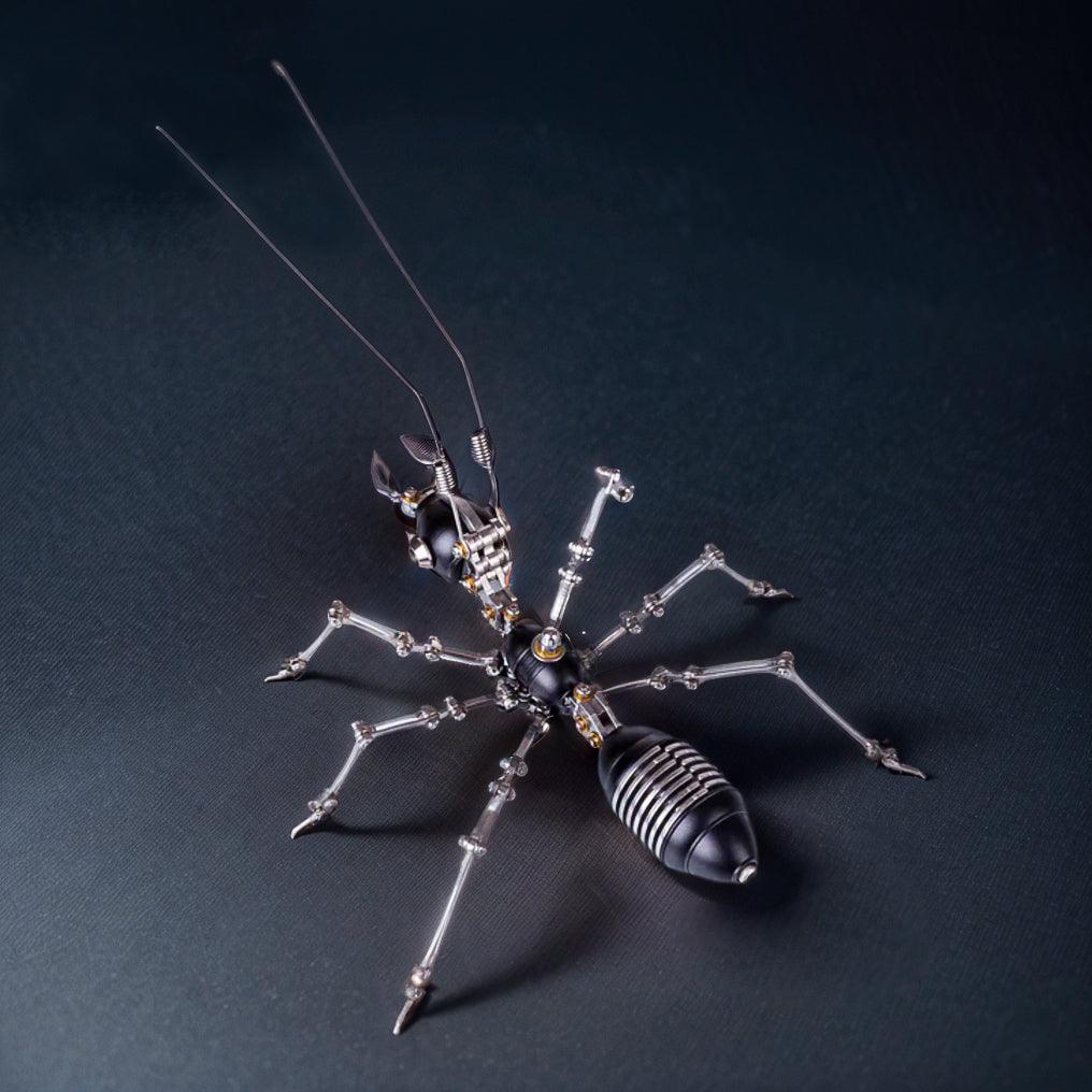 Black metal ant sculpture with movable legs and steampunk styling for desk decor, shelf display, and model kit collectors Black version.