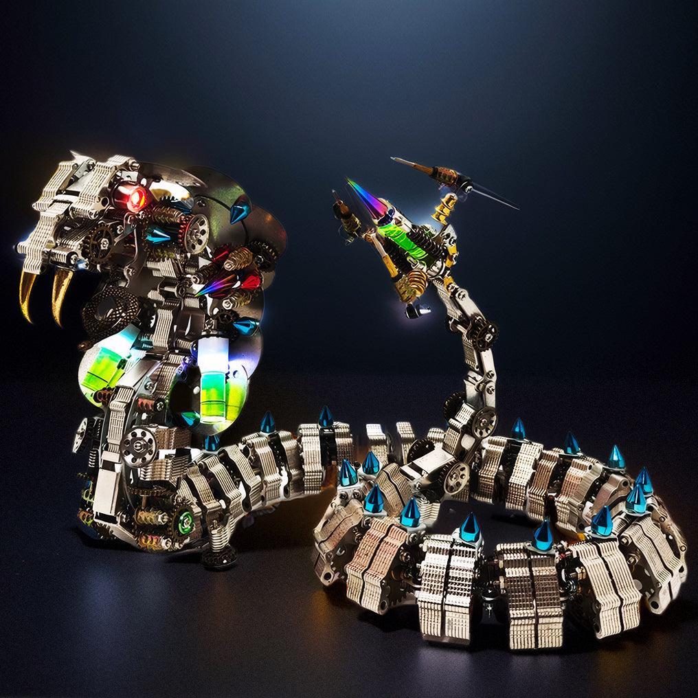 Interactive poseable metal snake model that slithers and coils as a mechanical reptile display for desk decor