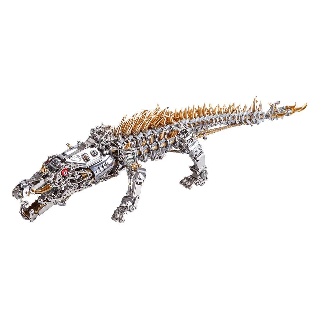 Mechanical crocodile 3D metal puzzle kit in polished stainless steel, a steampunk sculpture for adult model builders