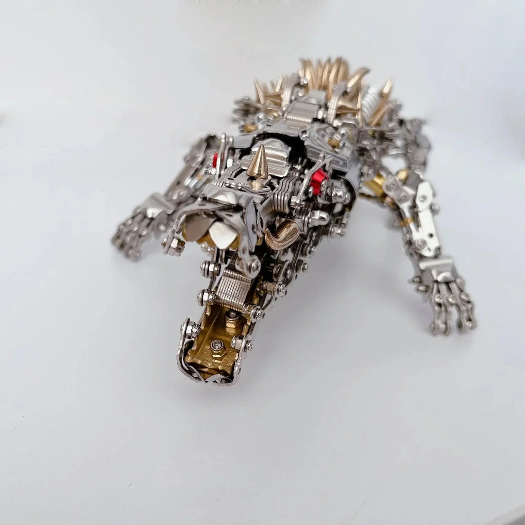 Assembled crocodile metal sculpture in silver and gold tones, a display centerpiece gift for adult model collectors