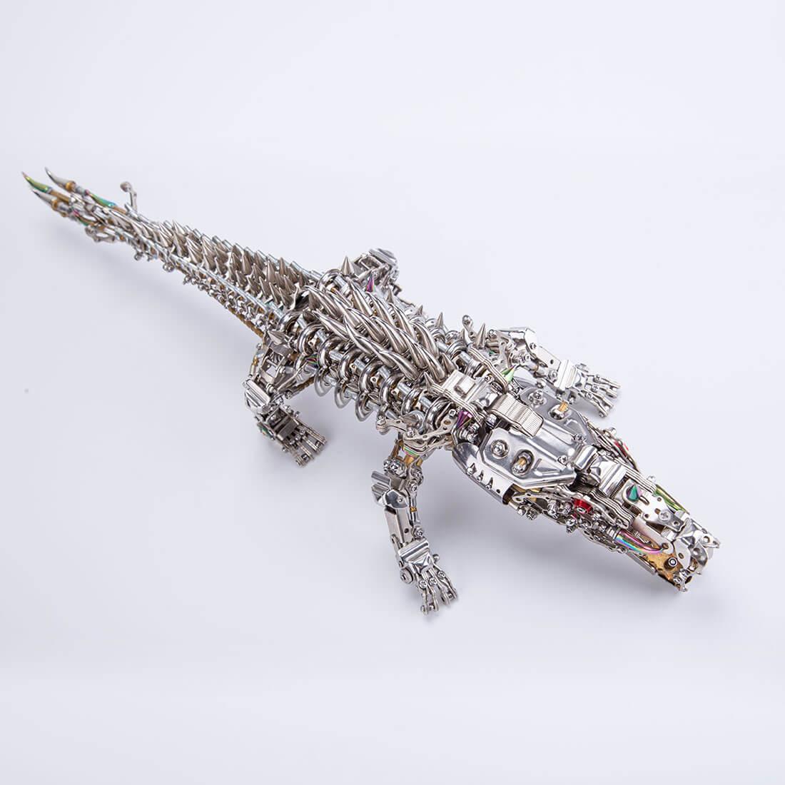 Stainless steel crocodile display model with iridescent scales, a statement shelf piece for engineers and tinkerers
