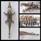 Polished silver crocodile metal kit with rainbow iridescent detail, industrial art decor for a desk or bookshelf