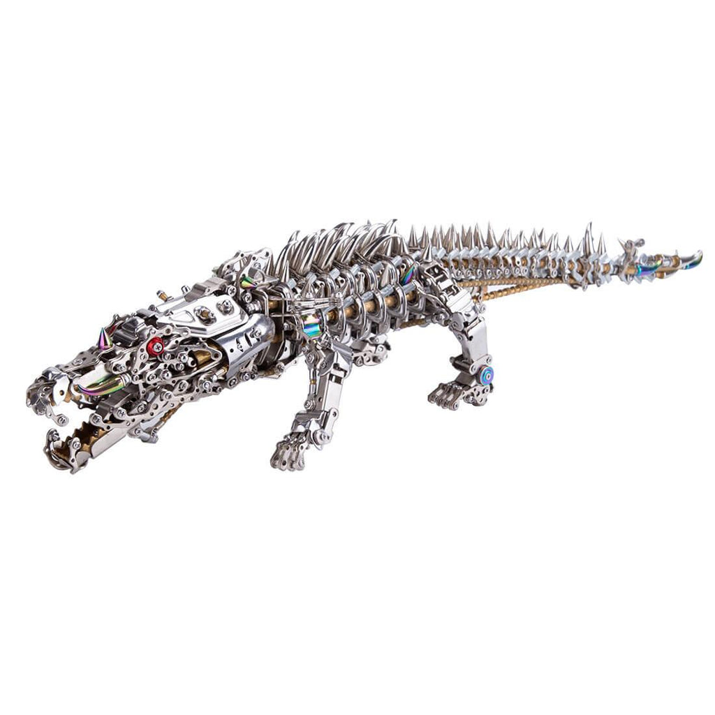 Steampunk crocodile sculpture built from stainless steel scales, an intermediate 3D metal puzzle for hobby builders