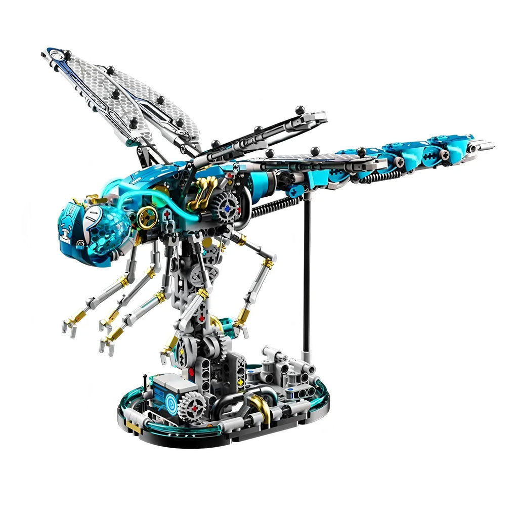 Mechanical dragonfly building blocks set assembled from 866 pieces into an articulated insect model for adult builders DRAGONFLY-1