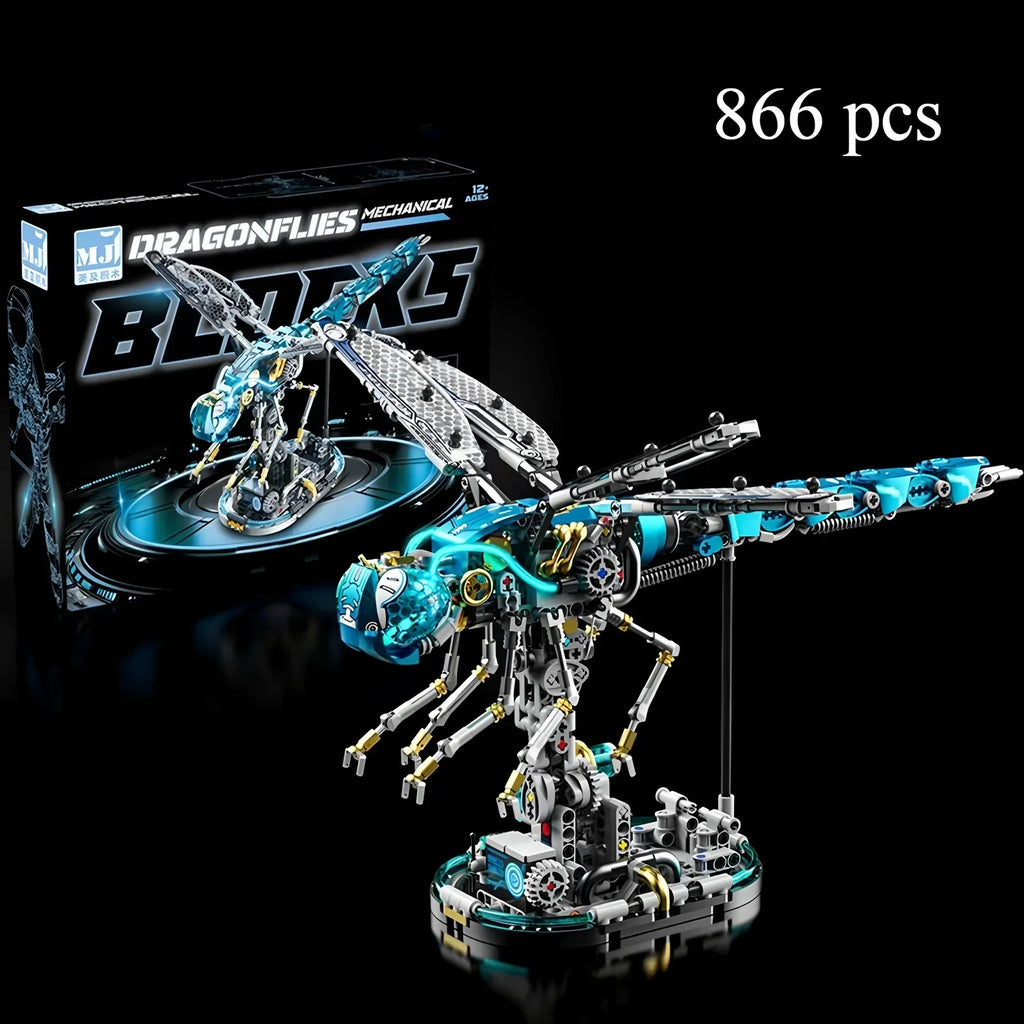 Mechanical dragonfly building blocks set as a dramatic display centerpiece, an 866 piece poseable model for collectors DRAGONFLY-1, DRAGONFLY-2