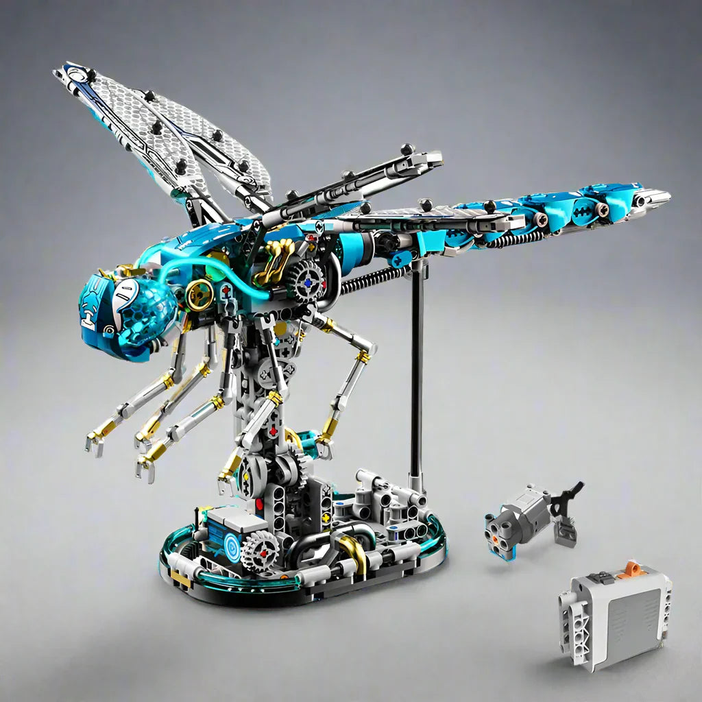 Motorized mechanical dragonfly building blocks kit with battery pack, an 866 piece poseable model for desk display DRAGONFLY-2