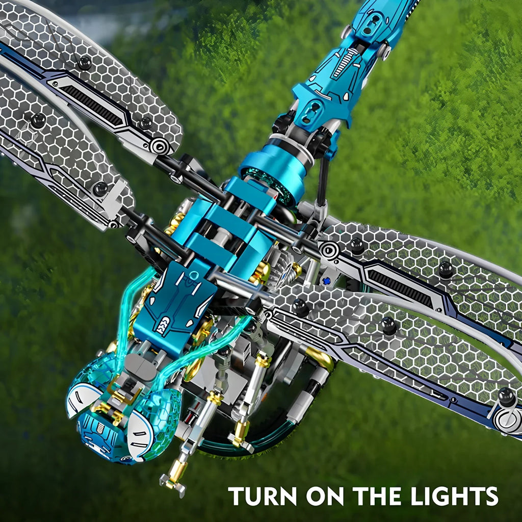 Mechanical dragonfly building set with light up wings and movable joints, a glowing insect model for a shelf or desk DRAGONFLY-2
