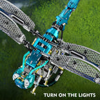 Mechanical dragonfly building set with light up wings and movable joints, a glowing insect model for a shelf or desk DRAGONFLY-2
