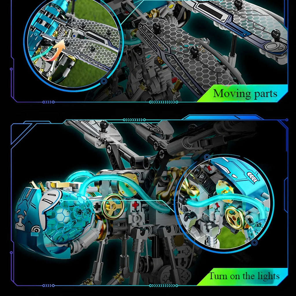 Mechanical dragonfly building blocks set with Technic-style movable joints for poseable wings and legs on display DRAGONFLY-1, DRAGONFLY-2