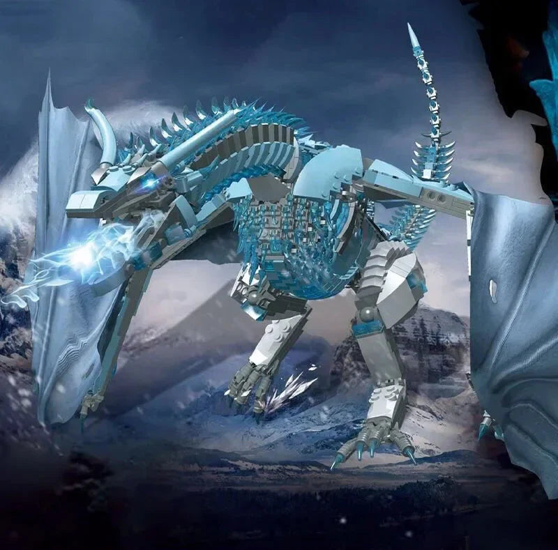 Poseable ice dragon set arranged in a dramatic action pose, a mythical building blocks centerpiece for a gaming room or den Frost Wyrm