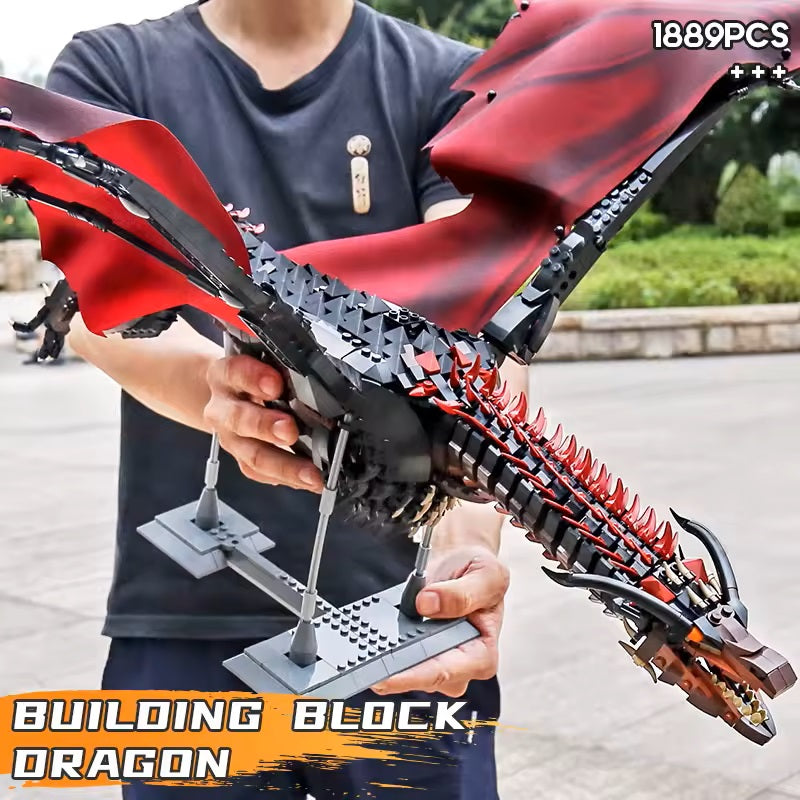 1889 piece fire dragon construction set shown at hand held scale, a detailed building gift for fantasy and model builders Fery Dragon