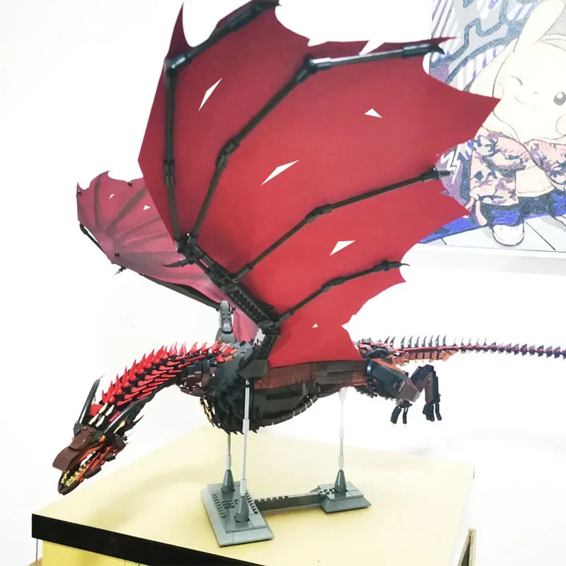Fire dragon building blocks model on its display stand, an adult construction hobby kit and mythical room centerpiece Fery Dragon