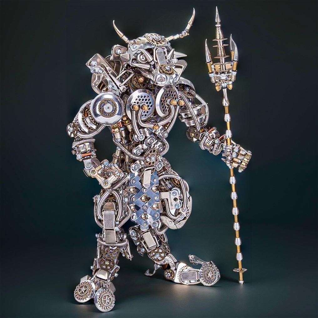 Bull-headed Minotaur metal sculpture with armor and a trident for fantasy collectors and steampunk model kit enthusiasts.