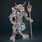 Bull-headed Minotaur metal sculpture with armor and a trident for fantasy collectors and steampunk model kit enthusiasts.