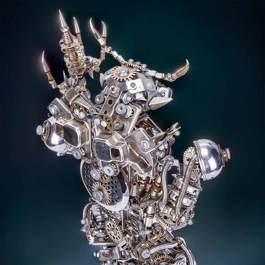 Articulated Minotaur metal statue with a horned bull head and armored body for fantasy decor and advanced puzzle builders.