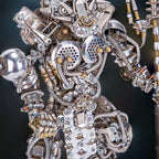 Intricate metal gear and pipe work on a steampunk Minotaur model kit for adult collectors and a display statue centerpiece.