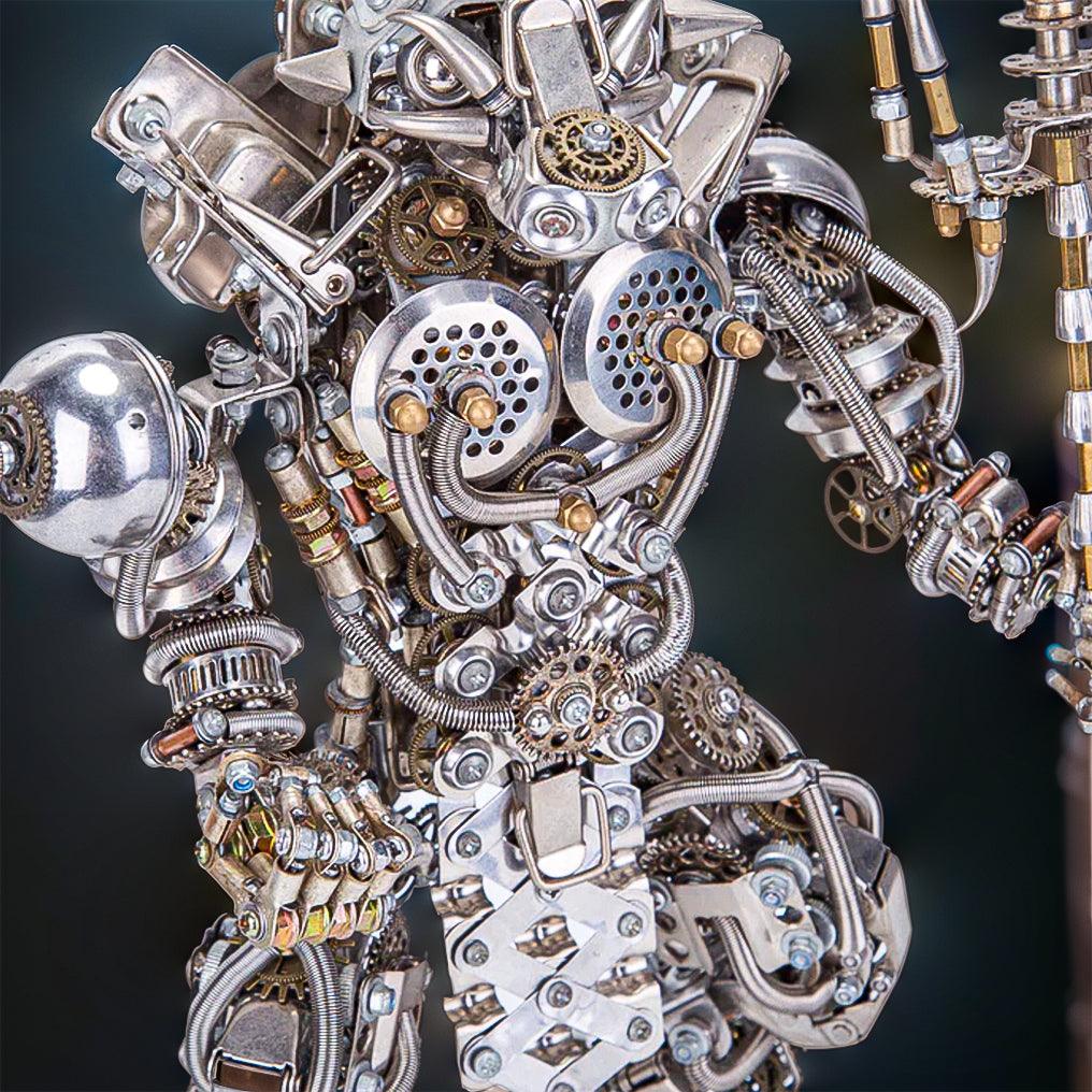 Intricate metal gear and pipe work on a steampunk Minotaur model kit for adult collectors and a display statue centerpiece.
