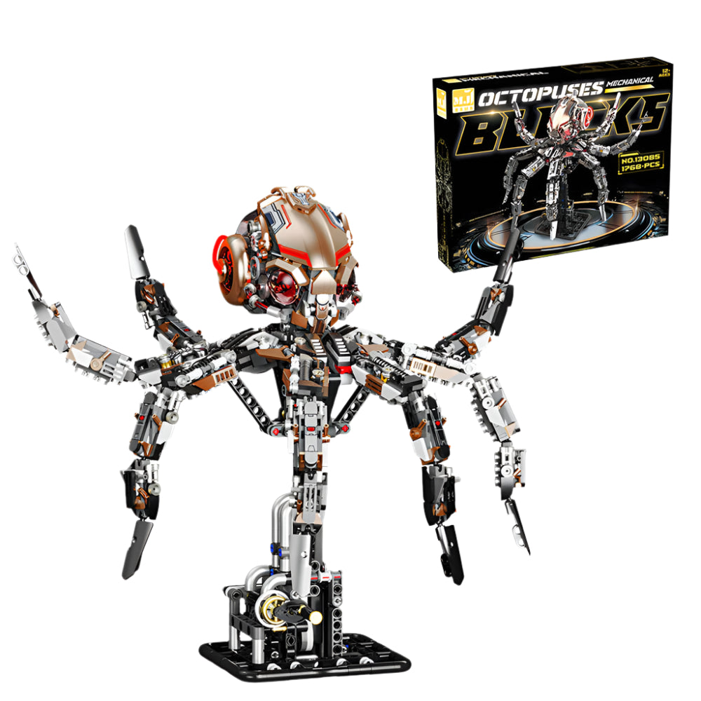 Mechanical octopus building blocks set with 1768 pieces and dual LED lights, an articulated brick model kit for adult builders