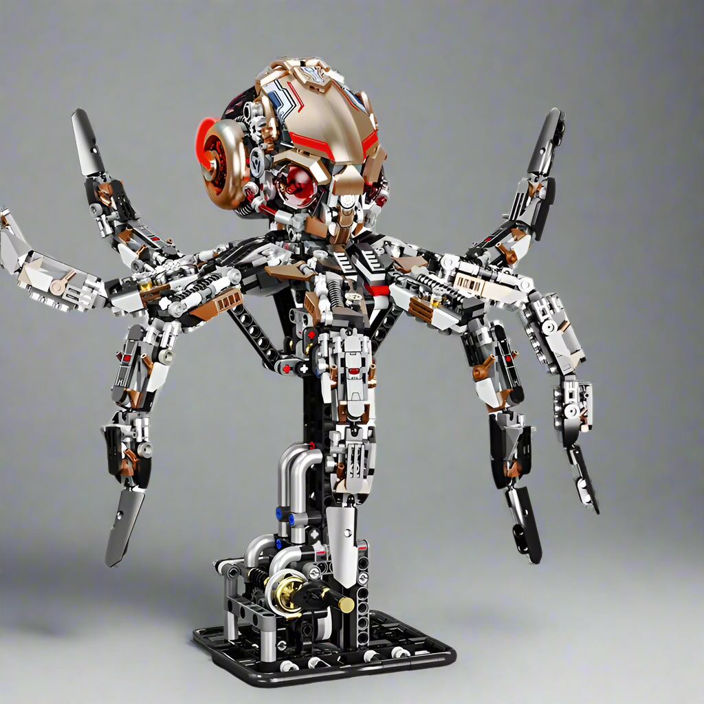 Finished mechanical octopus model standing on a display base, a 1768 piece articulated brick build and desk centerpiece