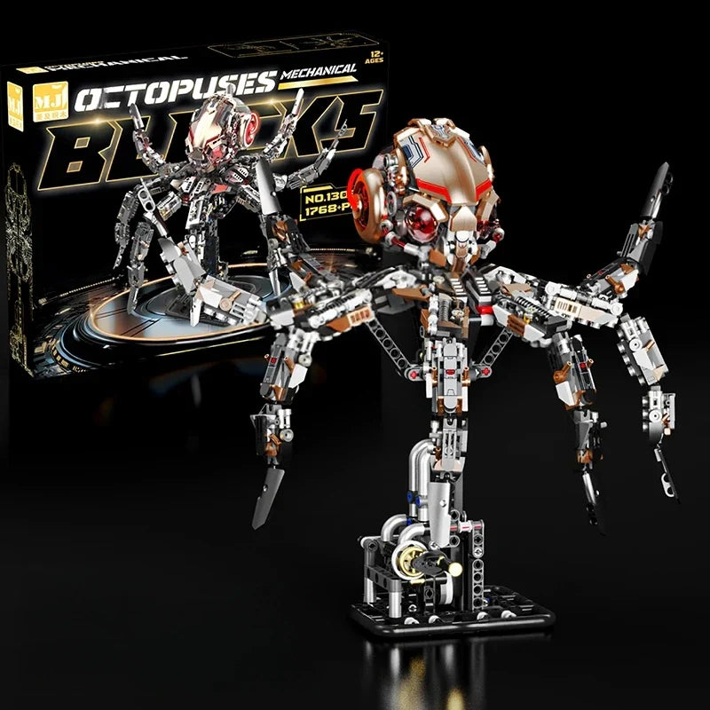 Mechanical octopus construction set with posable multi joint tentacles, a challenging brick building kit for teens and adults