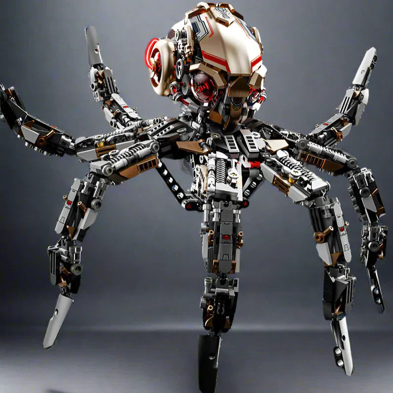 Articulated octopus brick model with a metallic domed head and glowing LED eyes, a mechanical STEM display kit for collectors
