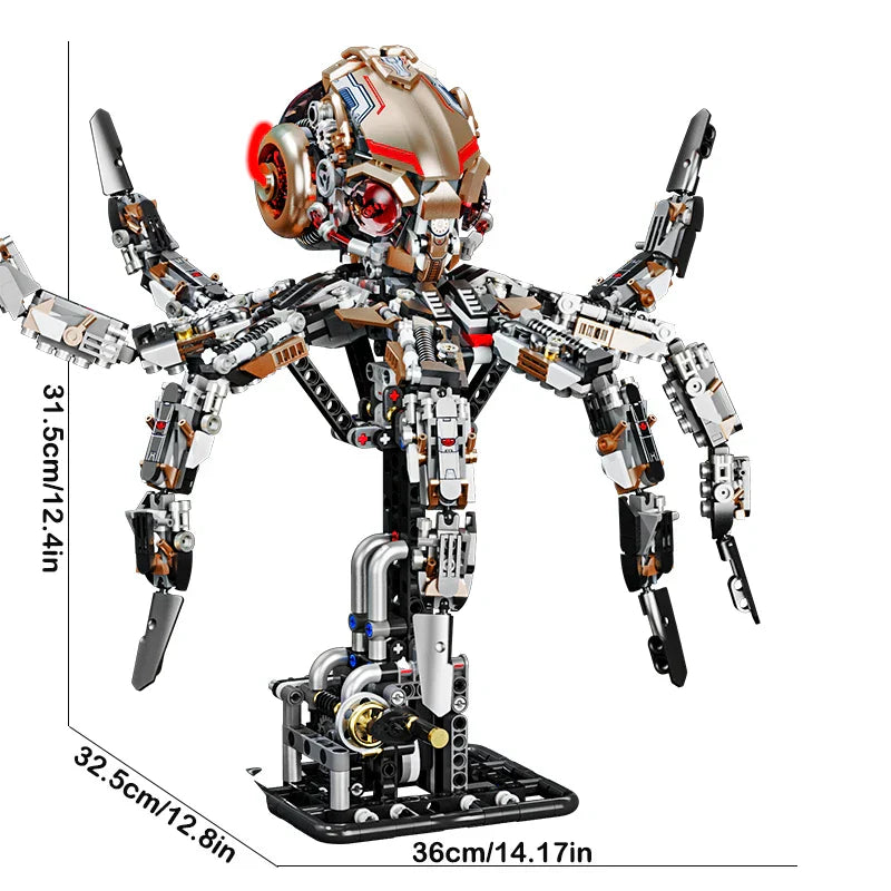 Large 36 cm mechanical octopus building model with jointed tentacles, a 1768 piece STEM brick kit and shelf display piece