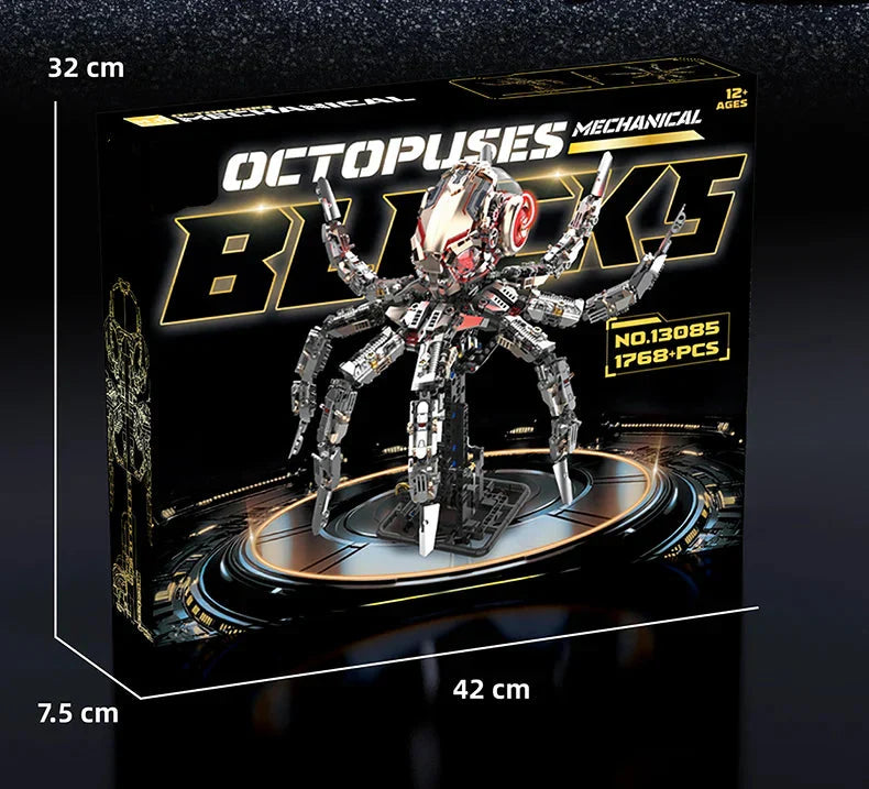 Mechanical octopus brick kit with ABS pieces compatible with major building blocks, a 1768 part STEM model and gift for builders