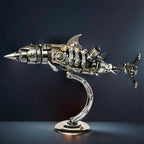Intricate 3d metal shark build with layered fins and gears for steampunk and mechanical home decor fans