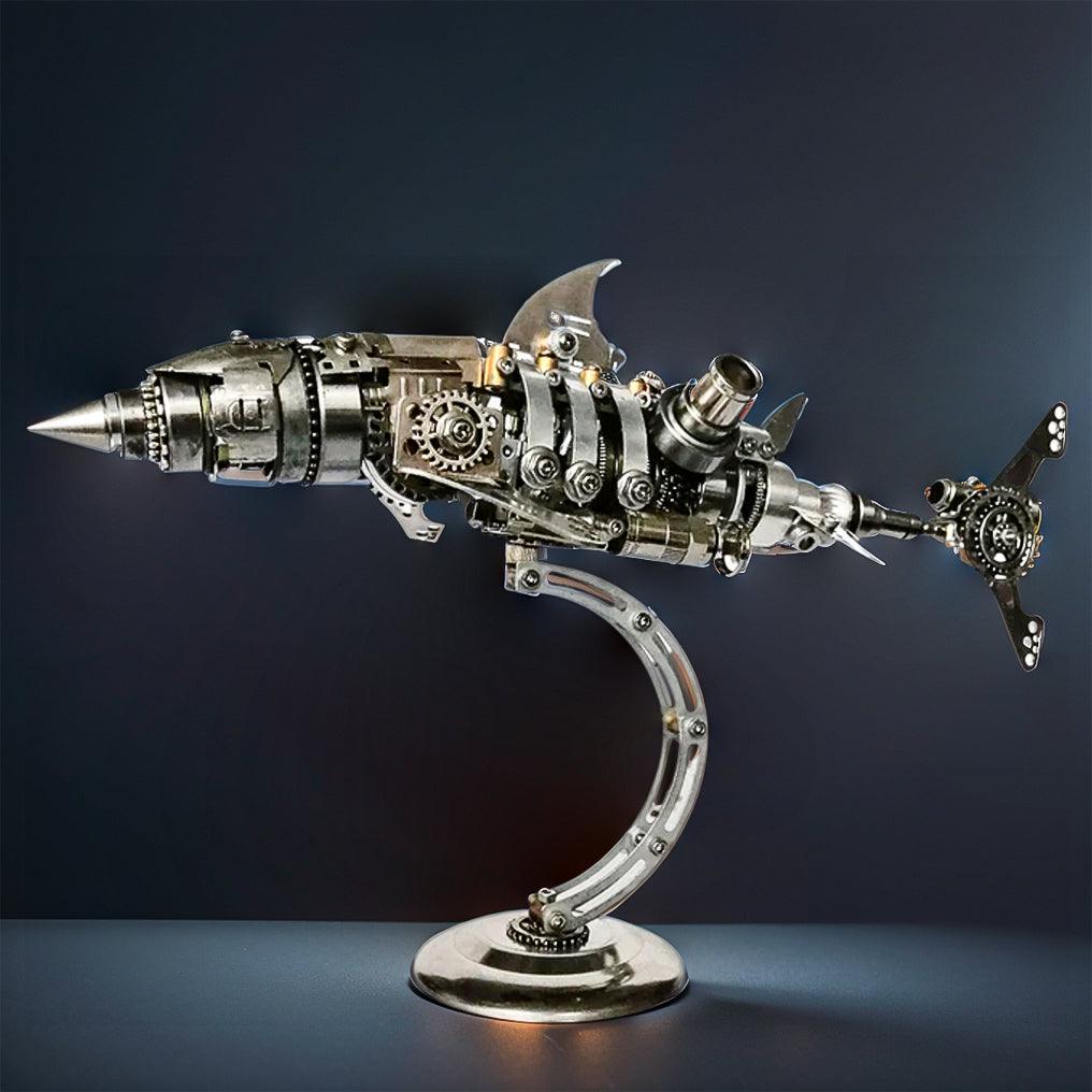 Intricate 3d metal shark build with layered fins and gears for steampunk and mechanical home decor fans