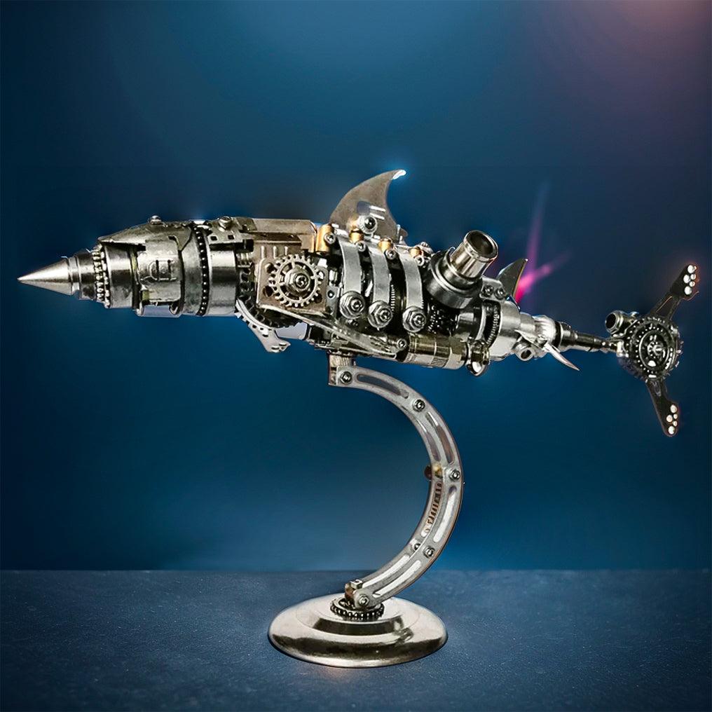 Mechanical shark desk sculpture with fine detailing as a gift for engineering and model building fans