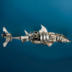 Steampunk 3d metal shark kit on a display platform for gaming desk setup and bookshelf ocean themed decor