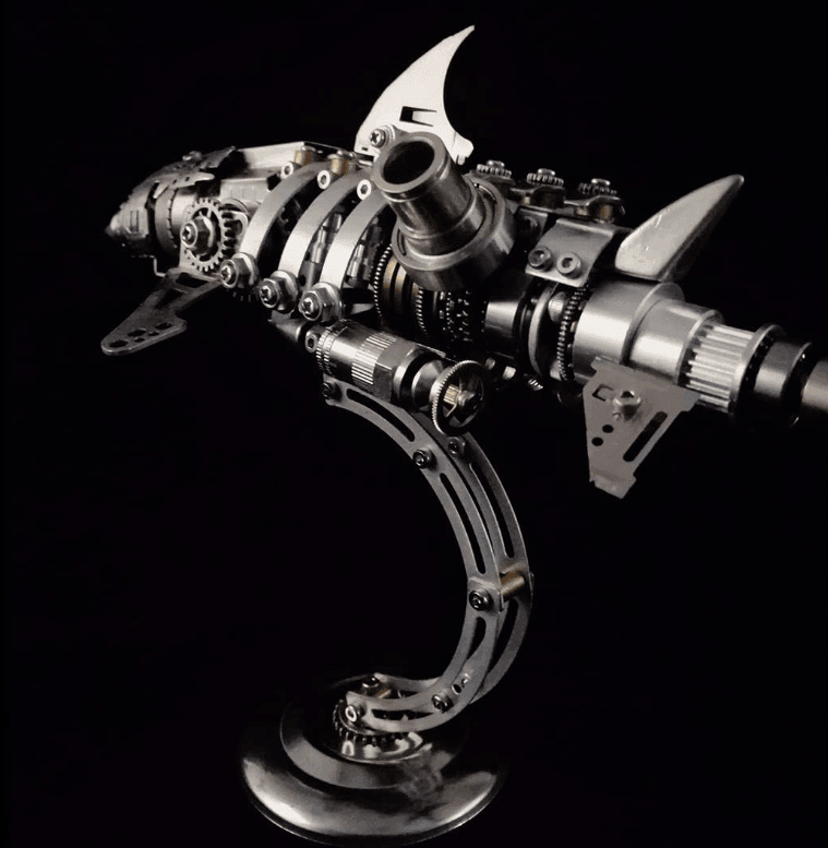 Detailed mechanical shark 3d metal model with fins and gears for adult puzzle and steampunk decor fans