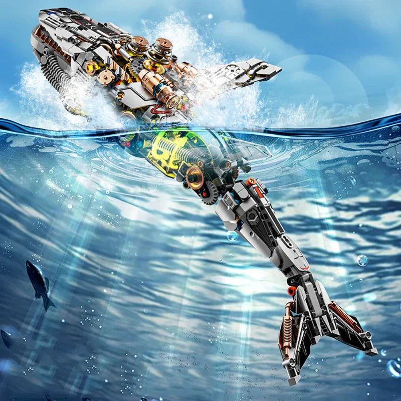 Illuminated ocean whale brick model as an underwater themed shelf display and gaming desk decor for hobby builders