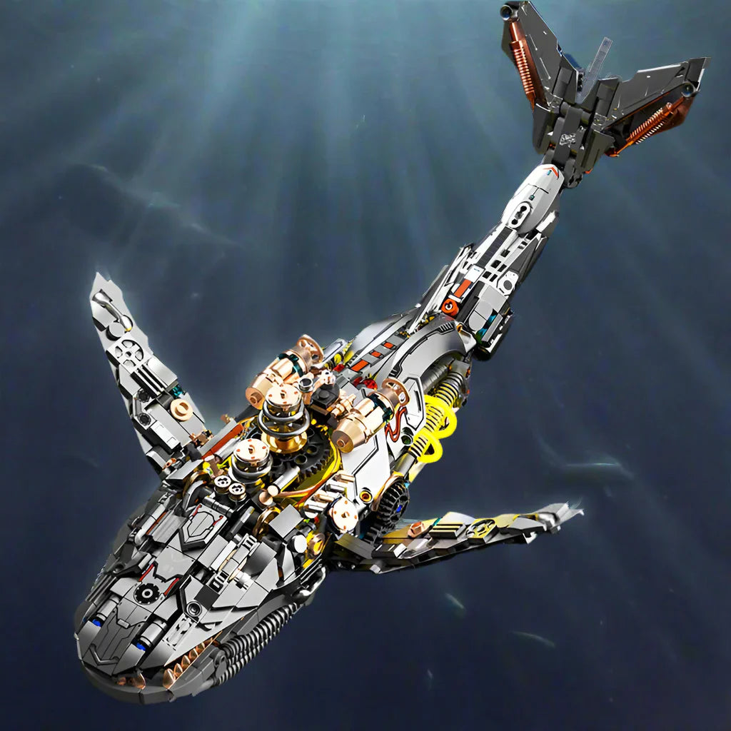 Mechanical whale building block kit as a birthday gift for builders with LED lighting and rotatable posable parts