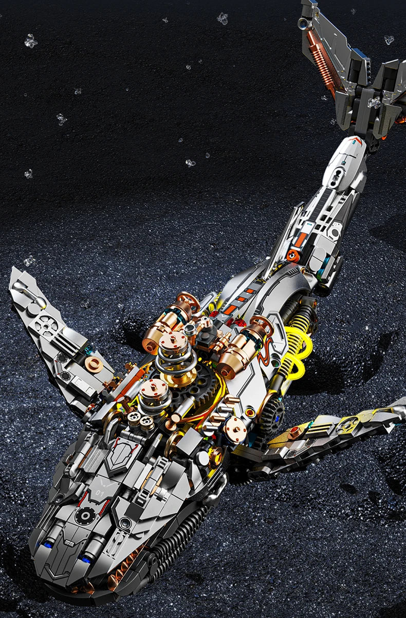 Detailed 1388 piece mechanical whale model kit with movable joints and glowing LED for a collectible desk display