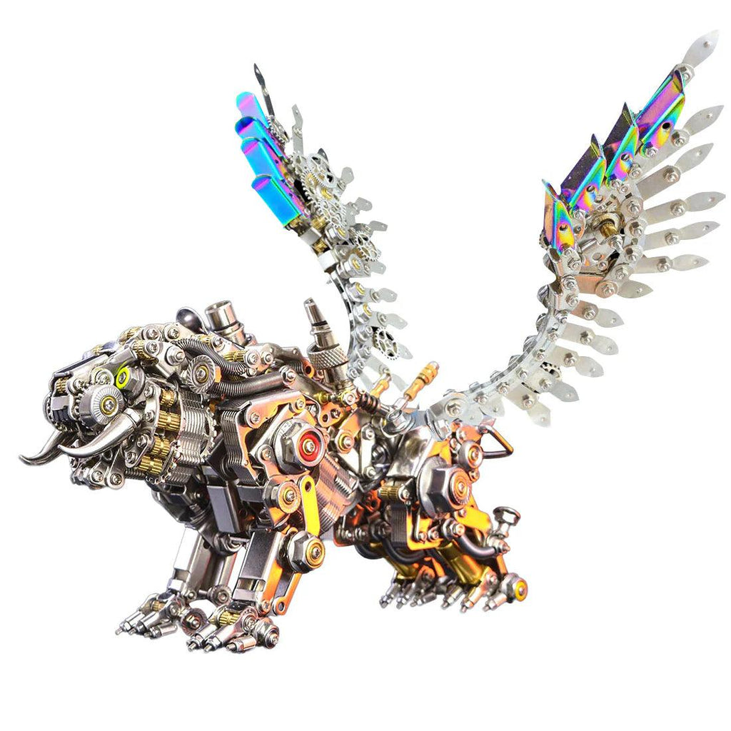Winged metal tiger model with spread mechanical wings and steel gears, a steampunk display centerpiece for adult builders (fits MP0026BA, MP0026BB)