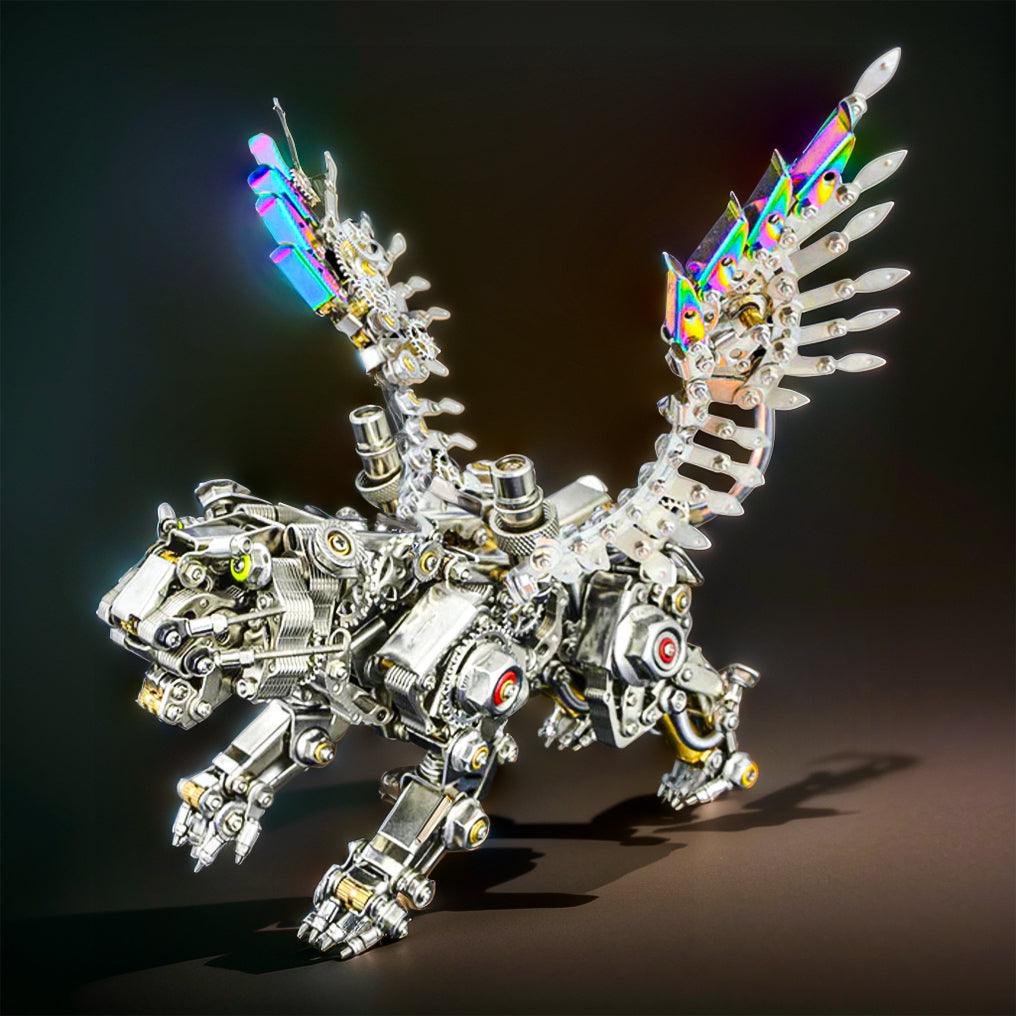 Winged metal tiger sculpture mid stride with wings spread wide, a dynamic steampunk model for adult puzzle collectors (fits MP0026SA, MP0026SB)