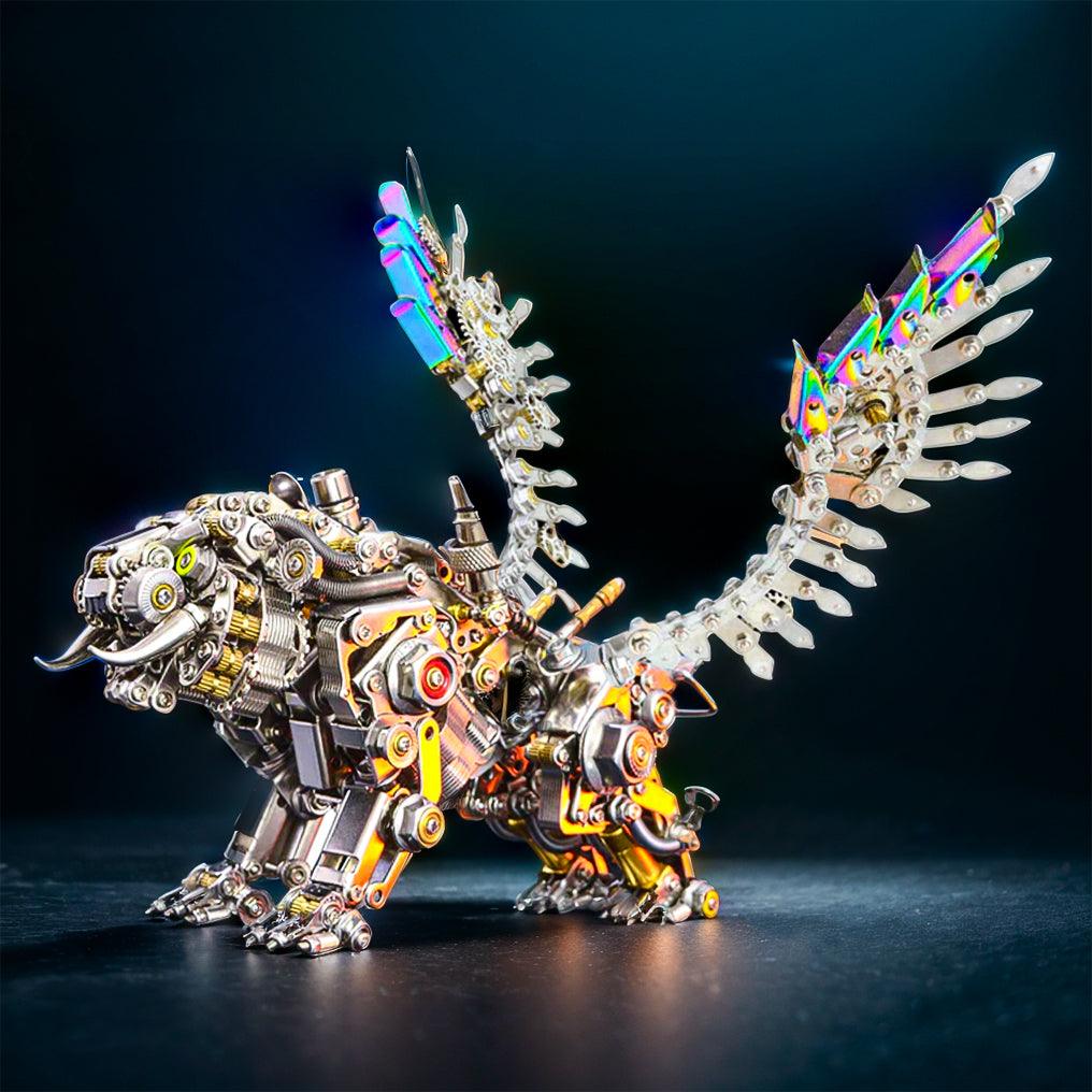 Winged tiger metal build with crystal feather tips and red and blue accents, a steampunk sculpture for desk display (fits MP0026BB, MP0026SA)