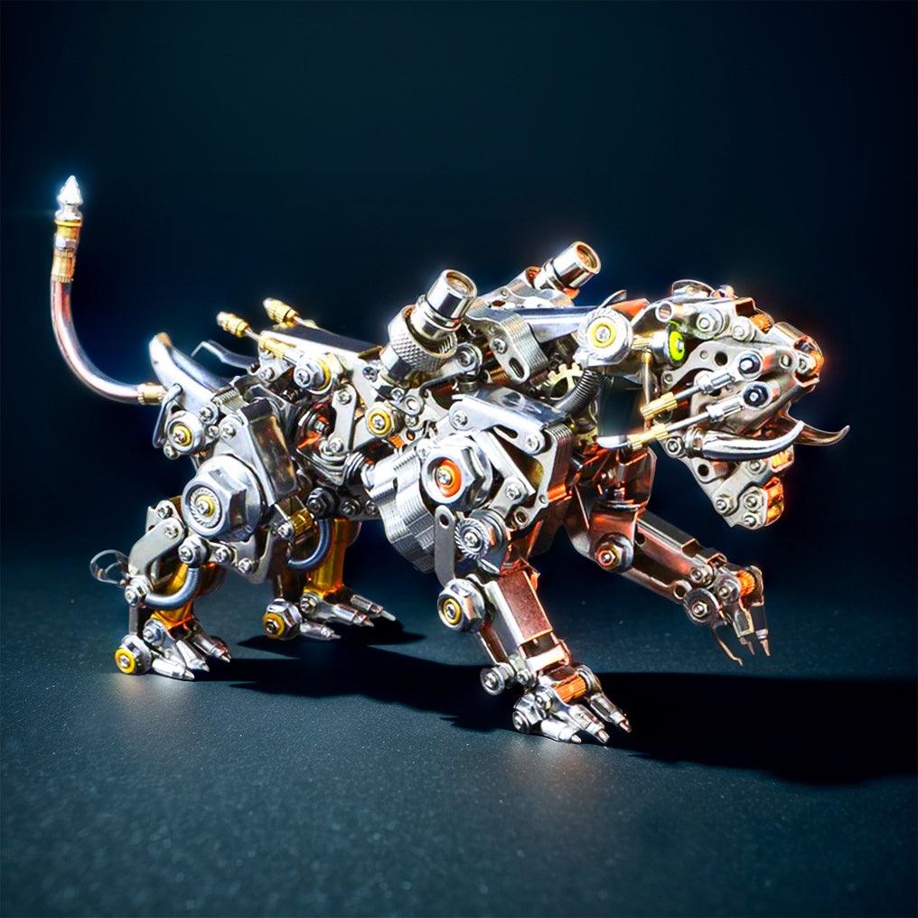 Mechanical big cat metal model in a prowling stance built from 700 stainless steel parts for a steampunk desk display (fits MP0026SA, MP0026SB)