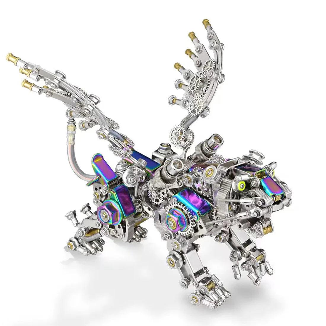 Steel winged tiger model with detailed feather wings raised high, a steampunk metal kit centerpiece for collectors (fits MP0026SA, MP0026SB)