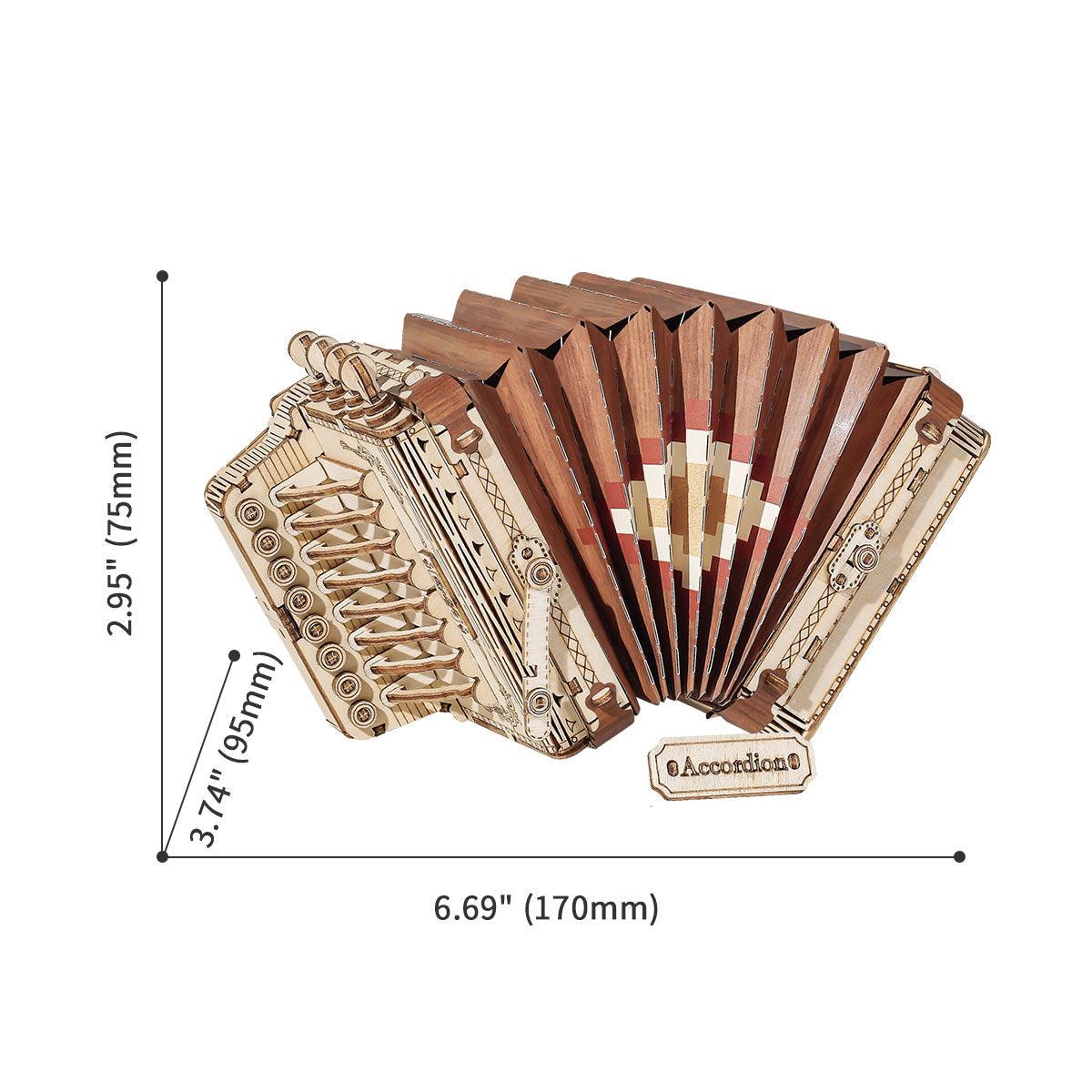 Compact accordion wooden model kit sized for desk decor, a 152 piece laser-cut 3D puzzle and music room display piece