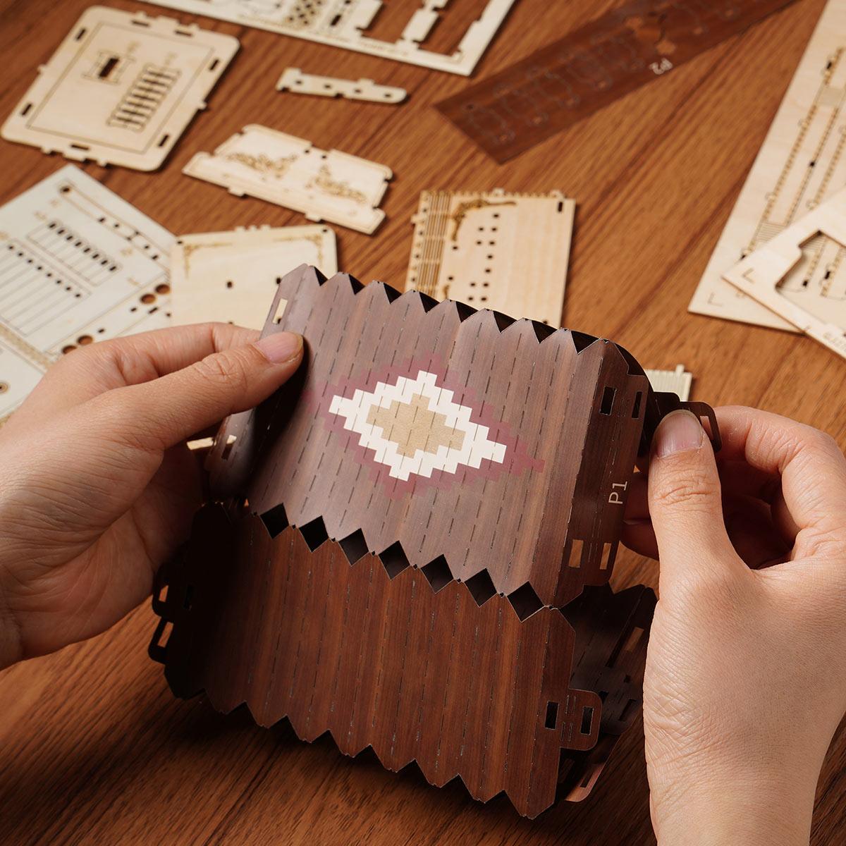 Glue-free accordion 3D wooden puzzle you assemble from 152 pieces, a relaxing model building kit and gift for music lovers