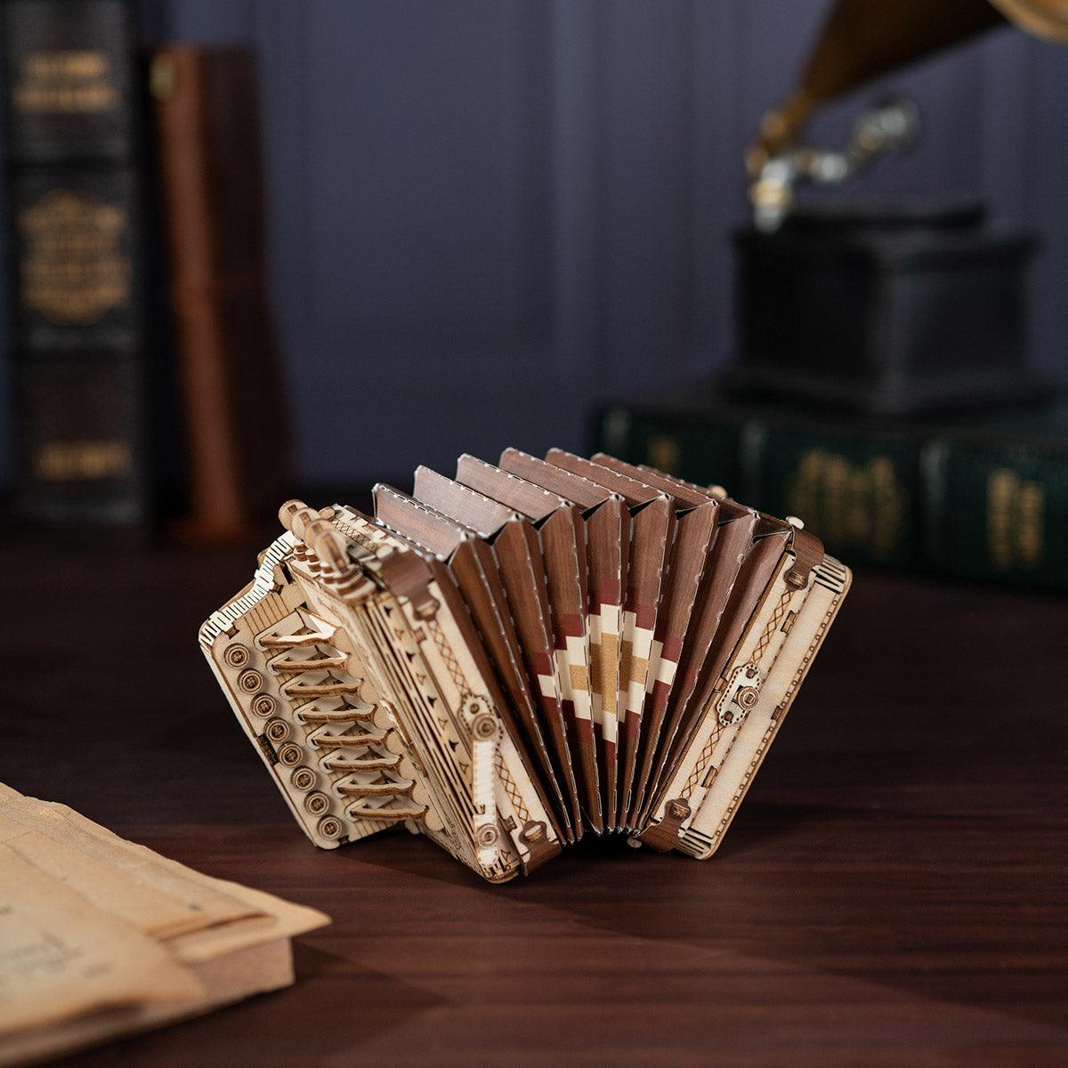 Accordion instrument replica styled as music room decor, a wooden model kit and birthday gift for musicians and teachers