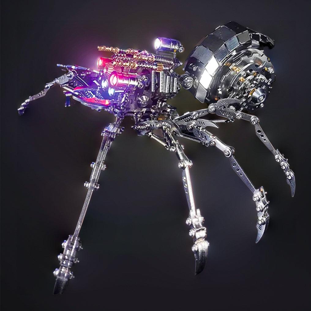 Metallic arachnid sculpture with poseable legs and LED glow, a 3D metal spider model for desk decoration setups