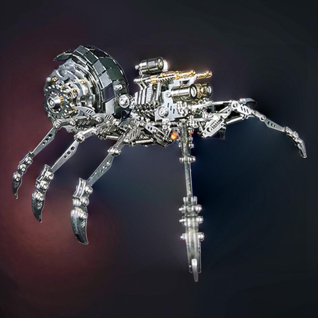 Mechanical spider model kit for teen and adult builders, a 203 piece articulated metal puzzle with LED lights