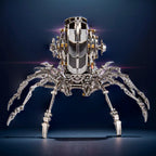 LED lit mechanical spider glowing on a desk, an illuminated 203 piece metal model display for puzzle fans at home