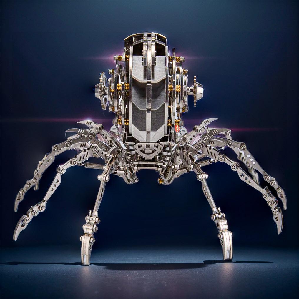 LED lit mechanical spider glowing on a desk, an illuminated 203 piece metal model display for puzzle fans at home