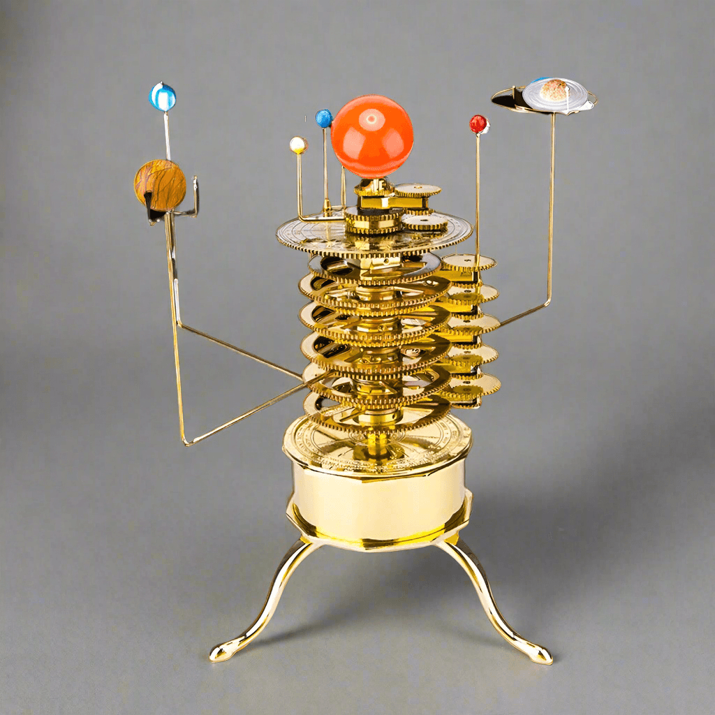 3D metal orrery solar system model kit with all eight planets orbiting a brass sun, a mechanical astronomy desk display